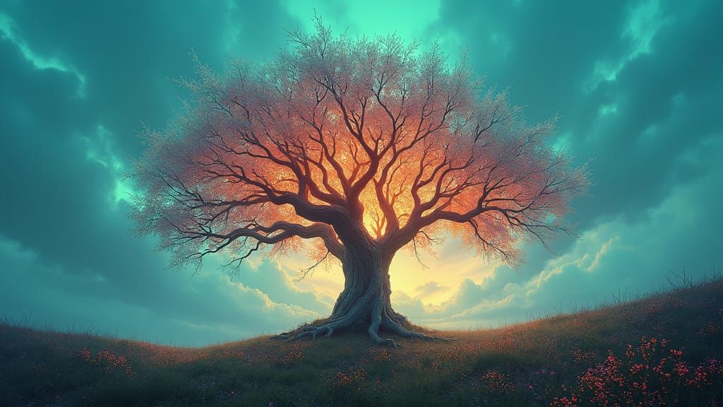 Ethereal Tree Landscape with Iridescent Flowers