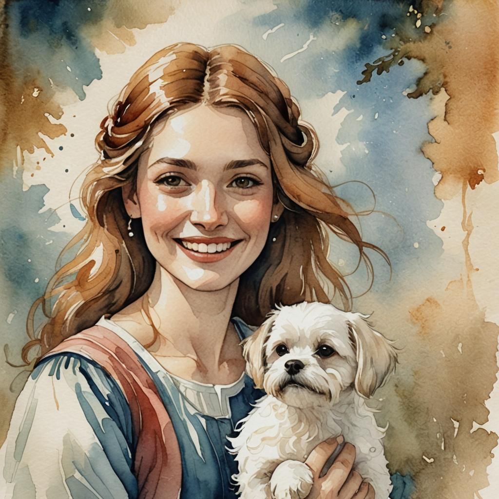 Smiling Woman, Girl and Dog in Watercolor Style