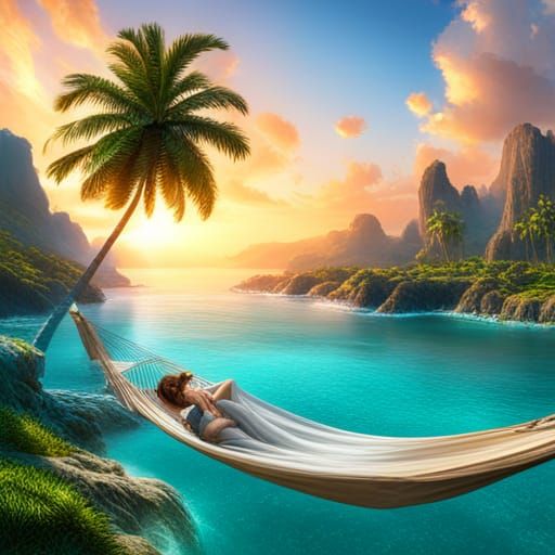 Aqua Waters: Hammock Under Palm Trees in Matte Painting Styl...