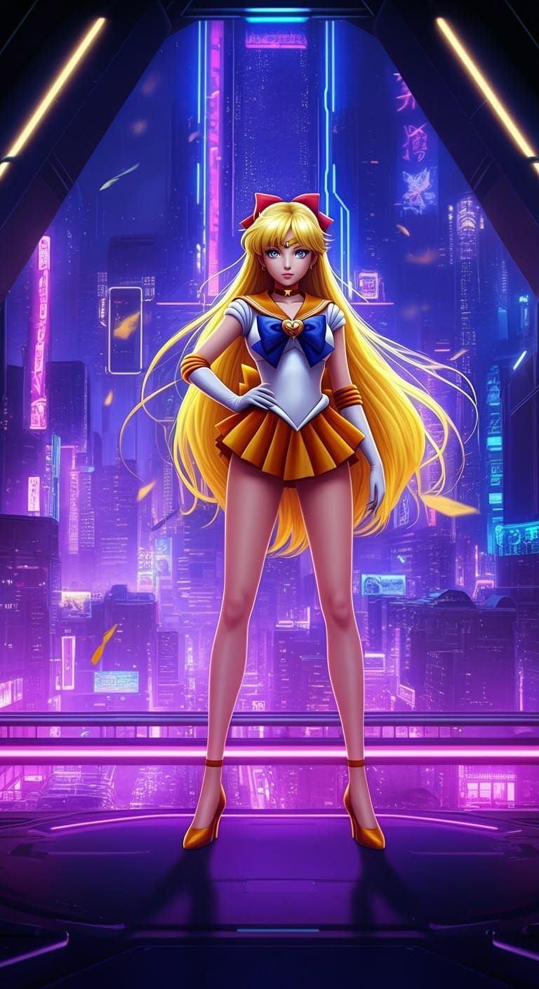 Sailor Venus in Cyberpunk Cityscape