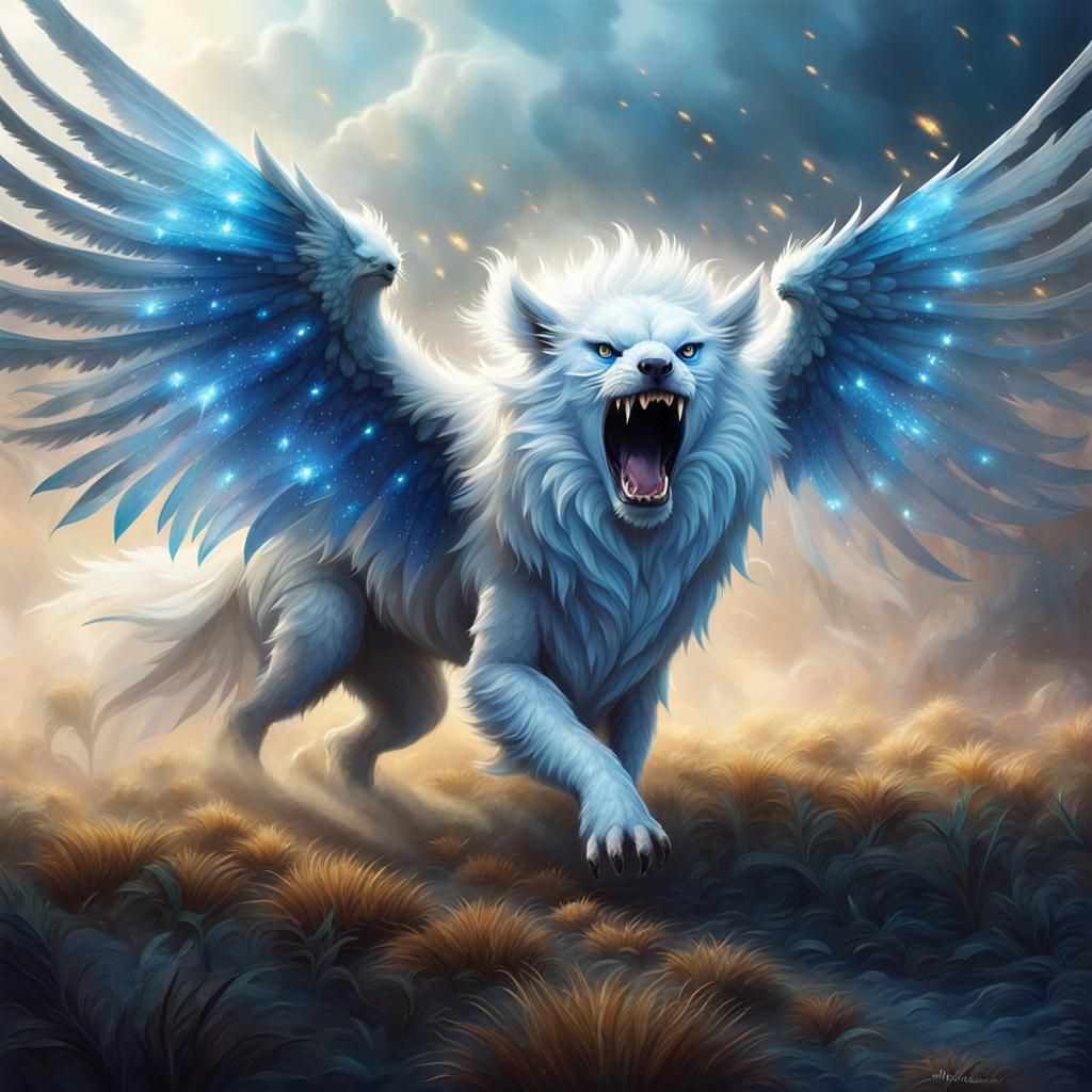 Furious Winged Creature Roaring on Battlefield