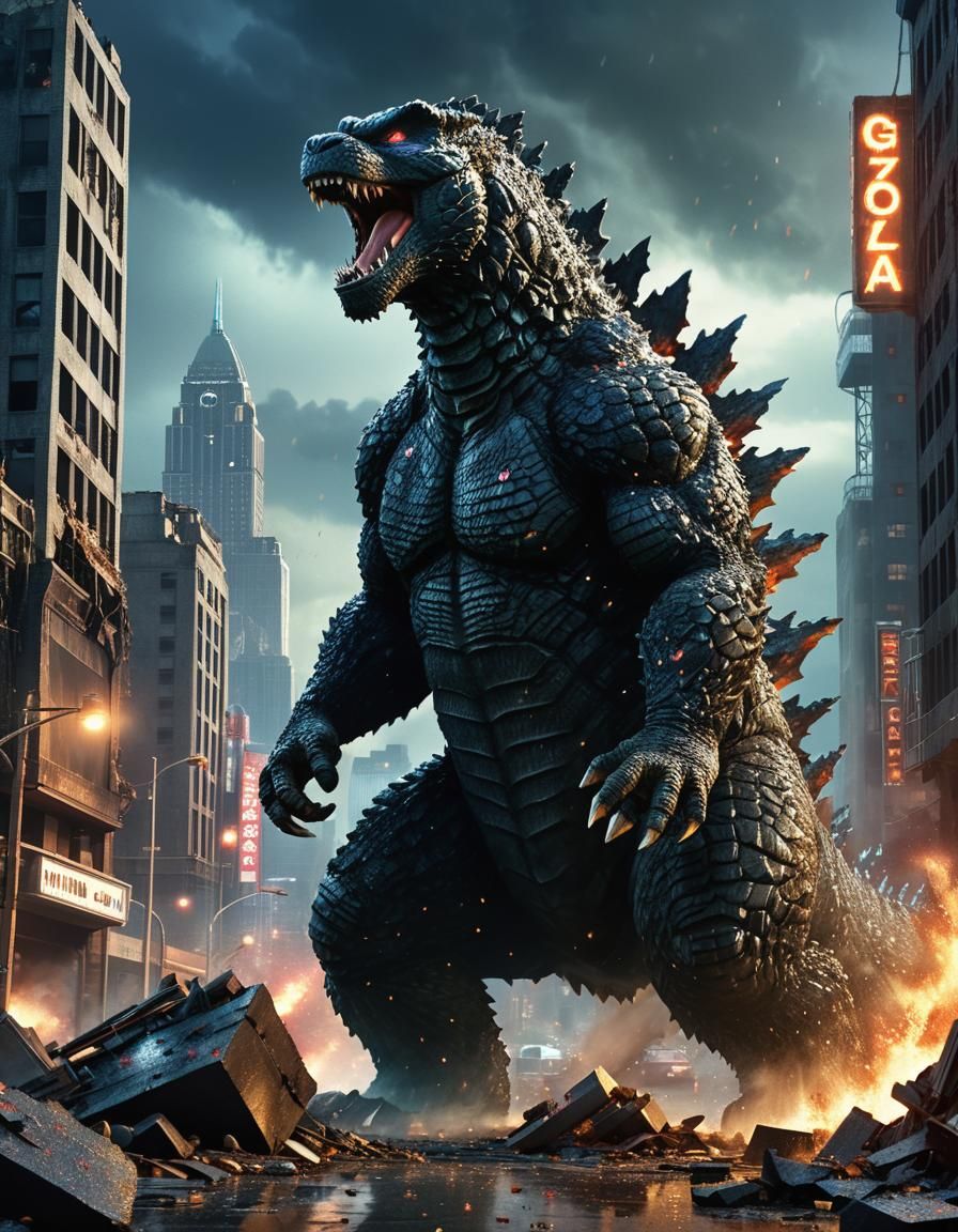 Godzilla Roaring Amidst Ruined Cityscape: Digital Art