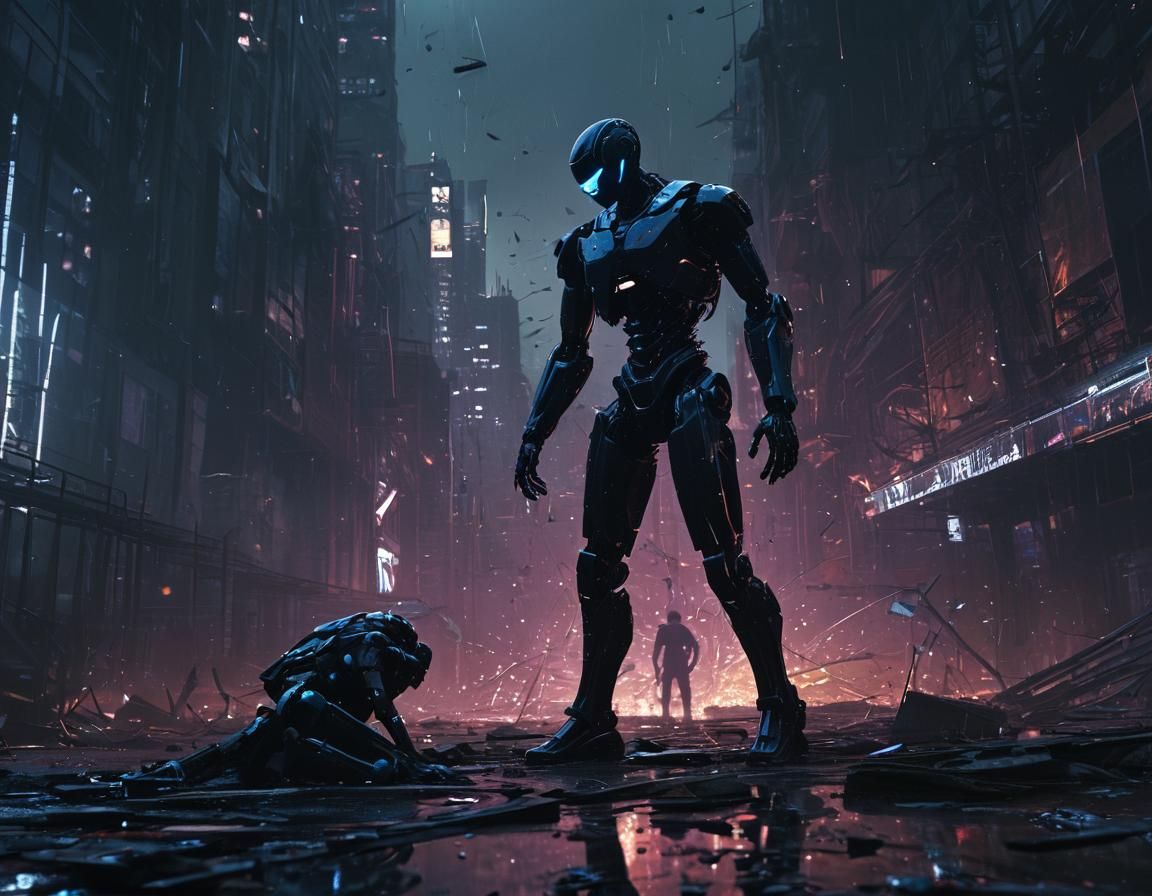 Collision of Human and Robot in Dystopian Cityscape