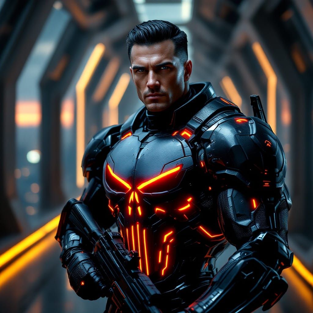 Cyberpunk Warrior in Futuristic Exosuit