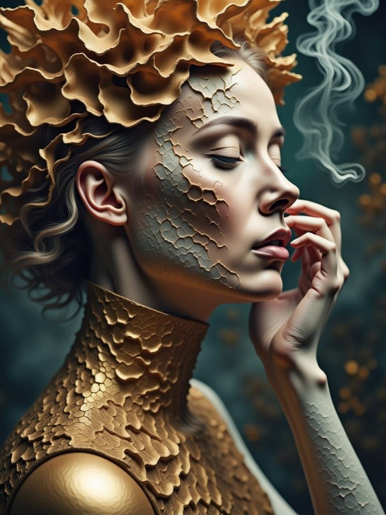 Surreal Portrait of a Contemplative Woman in Ornate Headdres...