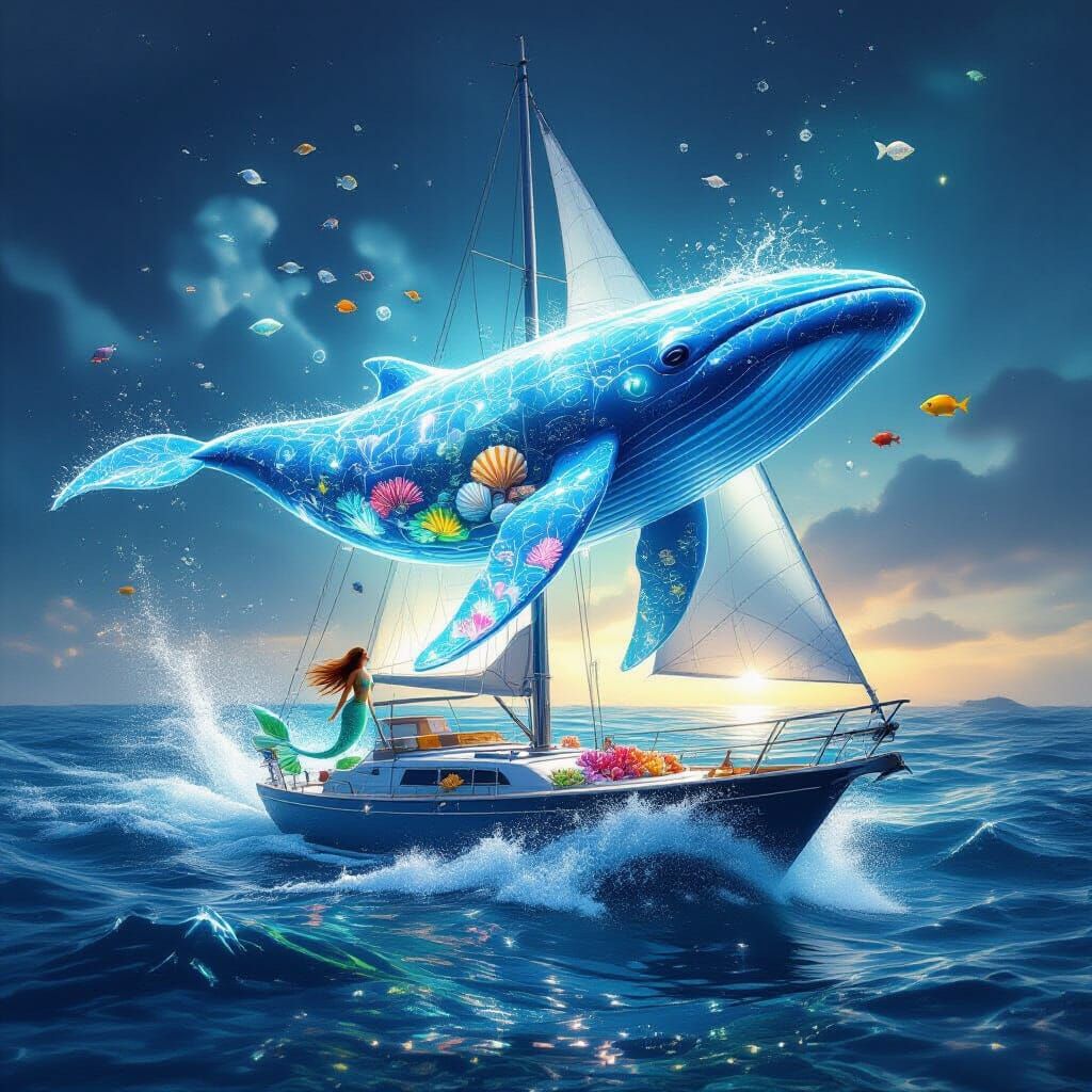 Bioluminescent Water Whale Sculpture Over Sailboat