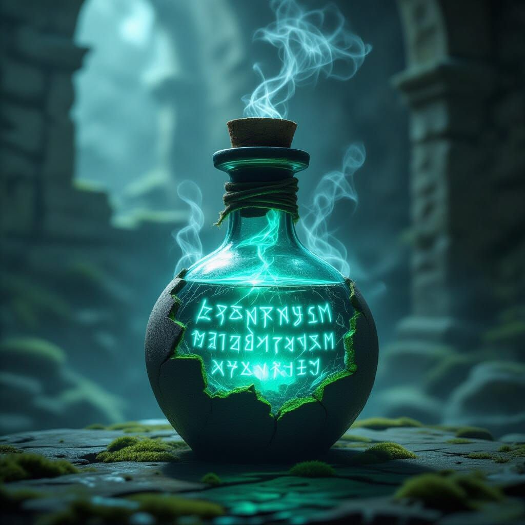 Luminous Potion in Cracked Flask on Stone Altar