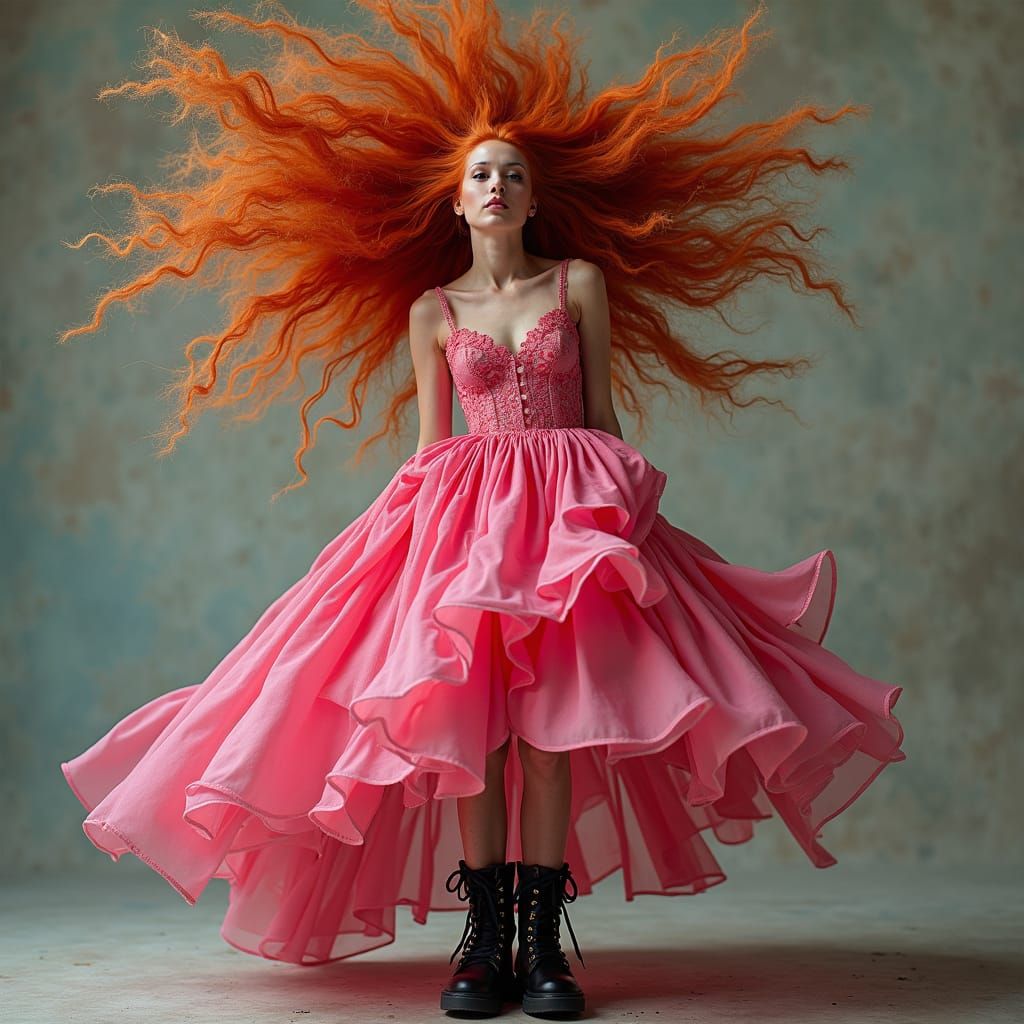 Fiery Haired Woman in Pink Dress, Surreal Portrait