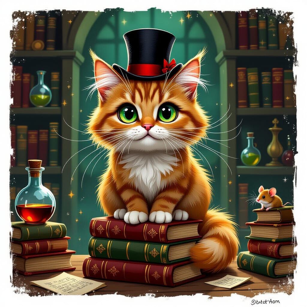 Mischievous Cat in Top Hat on Books