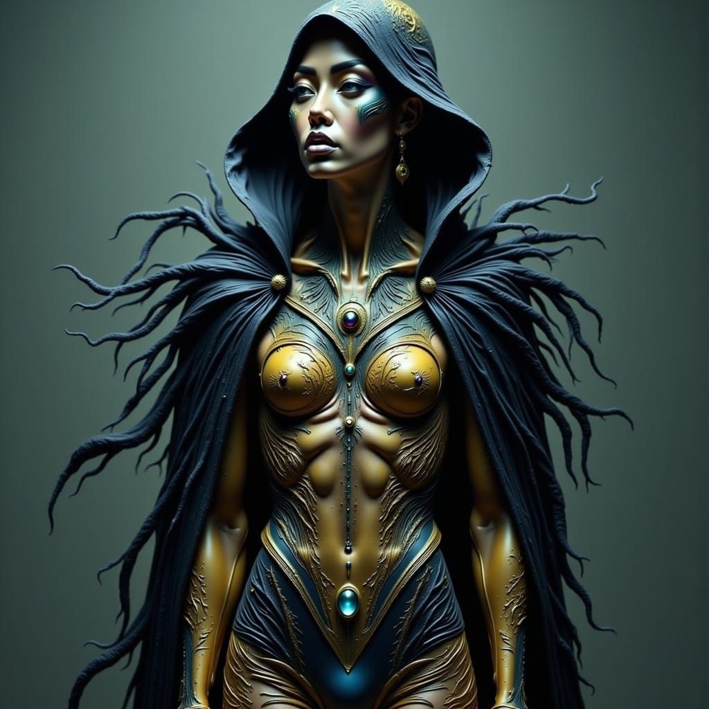 Mysterious Figure in Celestial Bodysuit Swirls with Dark Cap...