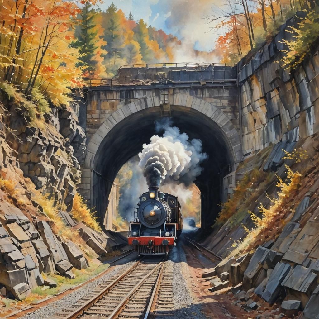 Steam Train Emerges from Tunnel: Watercolor Painting