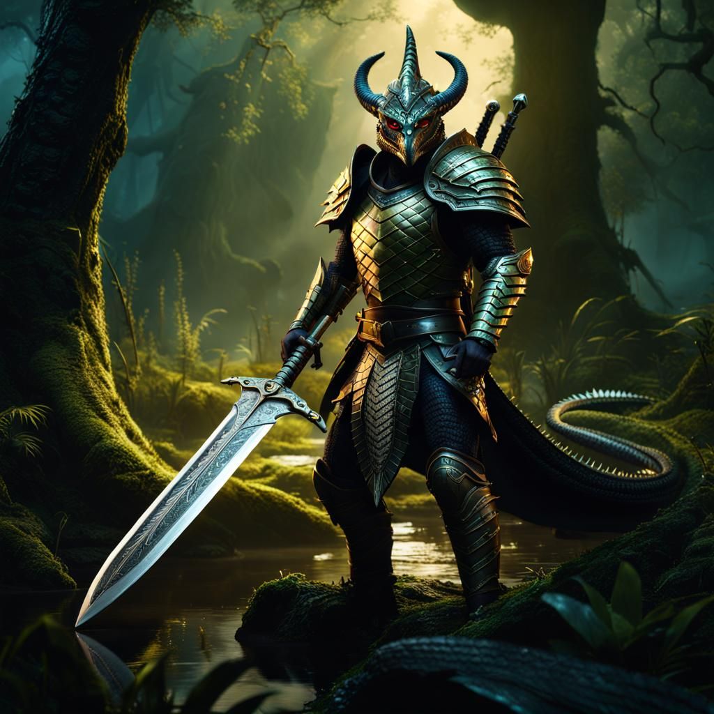 Serpent Lizardman Warrior in Dark Swamp, Detailed Matte Pain...