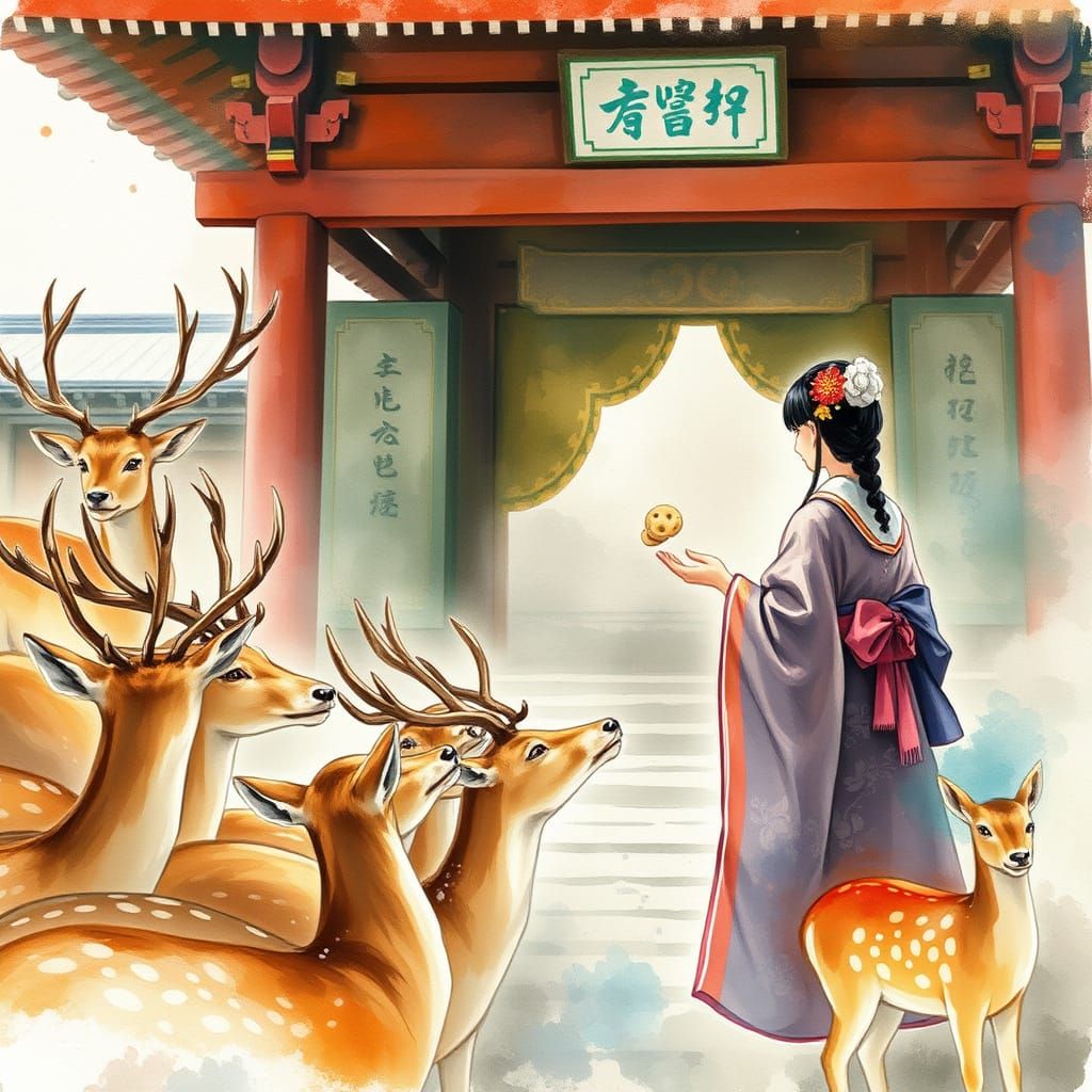 Deer and Shrine Maiden at Kasugataisha Shrine