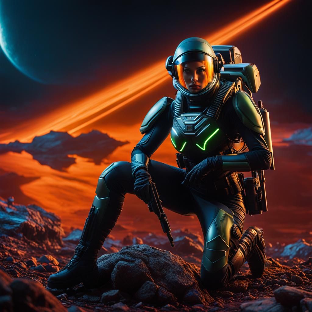 Glowing Hybrid Soldier Girl on Alien Planet