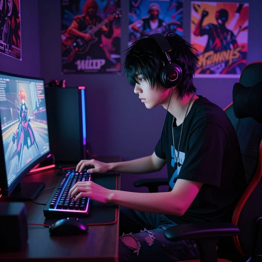 Emo Gamer Boy Immersed in Neon-Lit Gaming