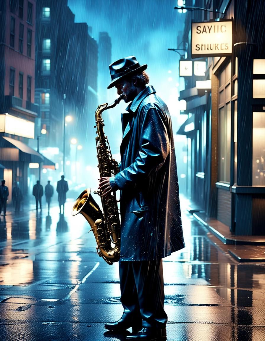 Saxophonist in Rainy City: a Cinematic Nightscape