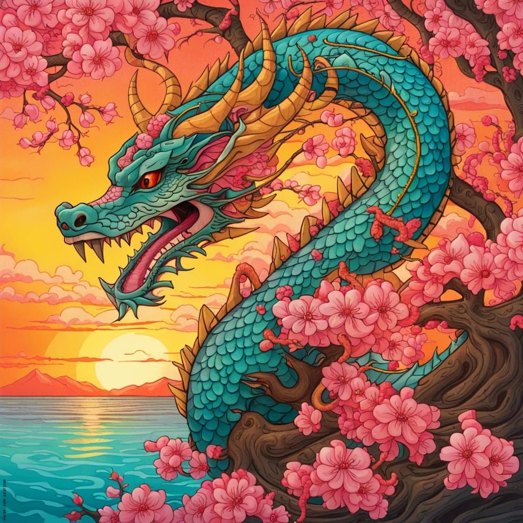 Oriental Dragon and Cherry Tree at Sunset