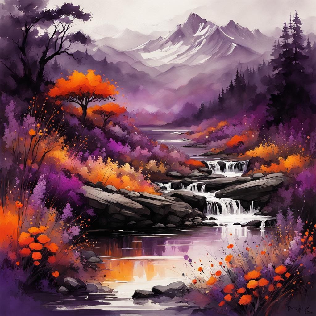 Fractal Ink Creek Landscape with Botanical Art