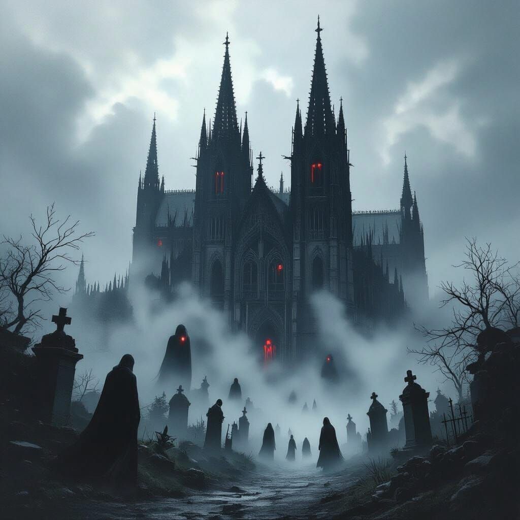 Eerie Gothic Cathedral in a Mist-Shrouded Graveyard