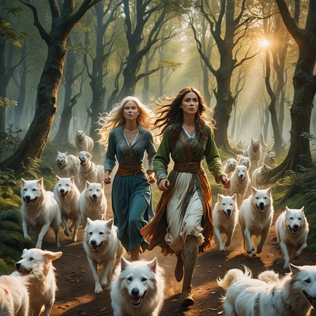 Woman Chased by Dogs in Misty Forest, Fantasy Art