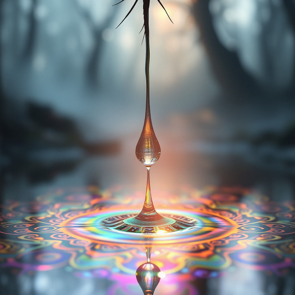 Luminous Raindrop over Iridescent Puddle