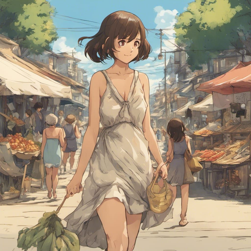Anime Girl in Market, Studio Ghibli Style