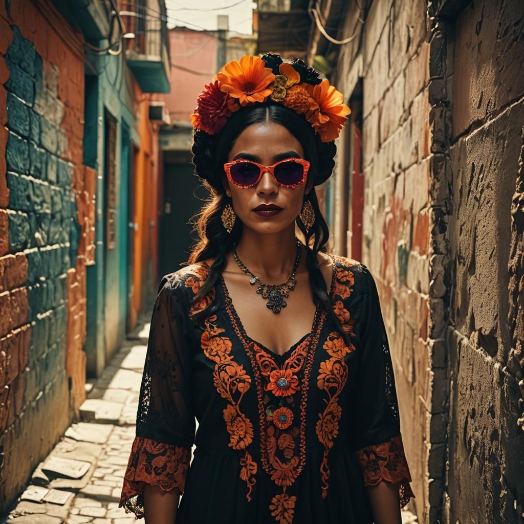Venezuelan Woman as Catrina in Vibrant Alleyway