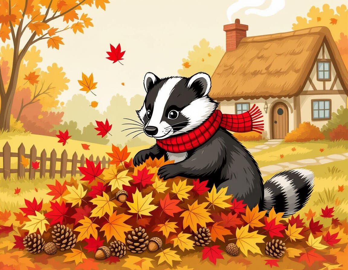 Mischievous Badger in Autumn Leaves