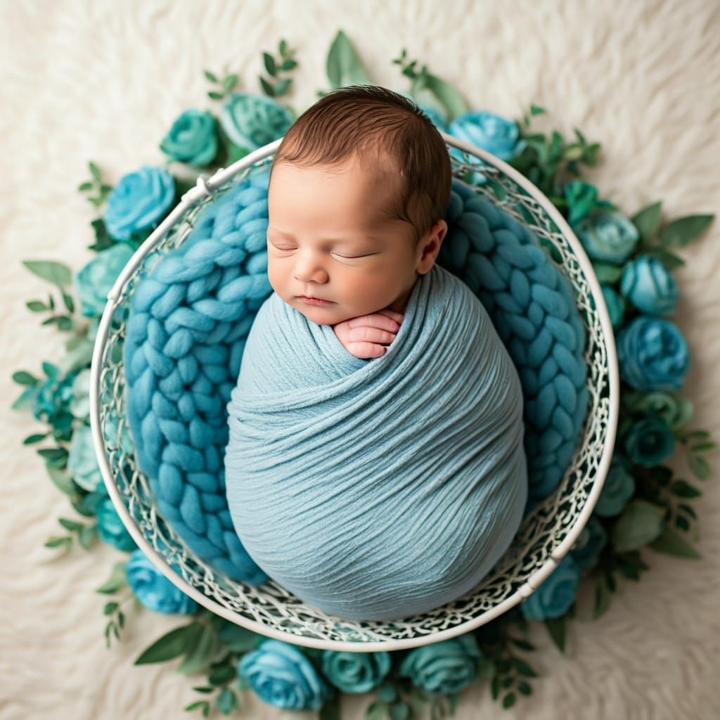 Newborn Baby in Basket with Flowers, Soft Focus