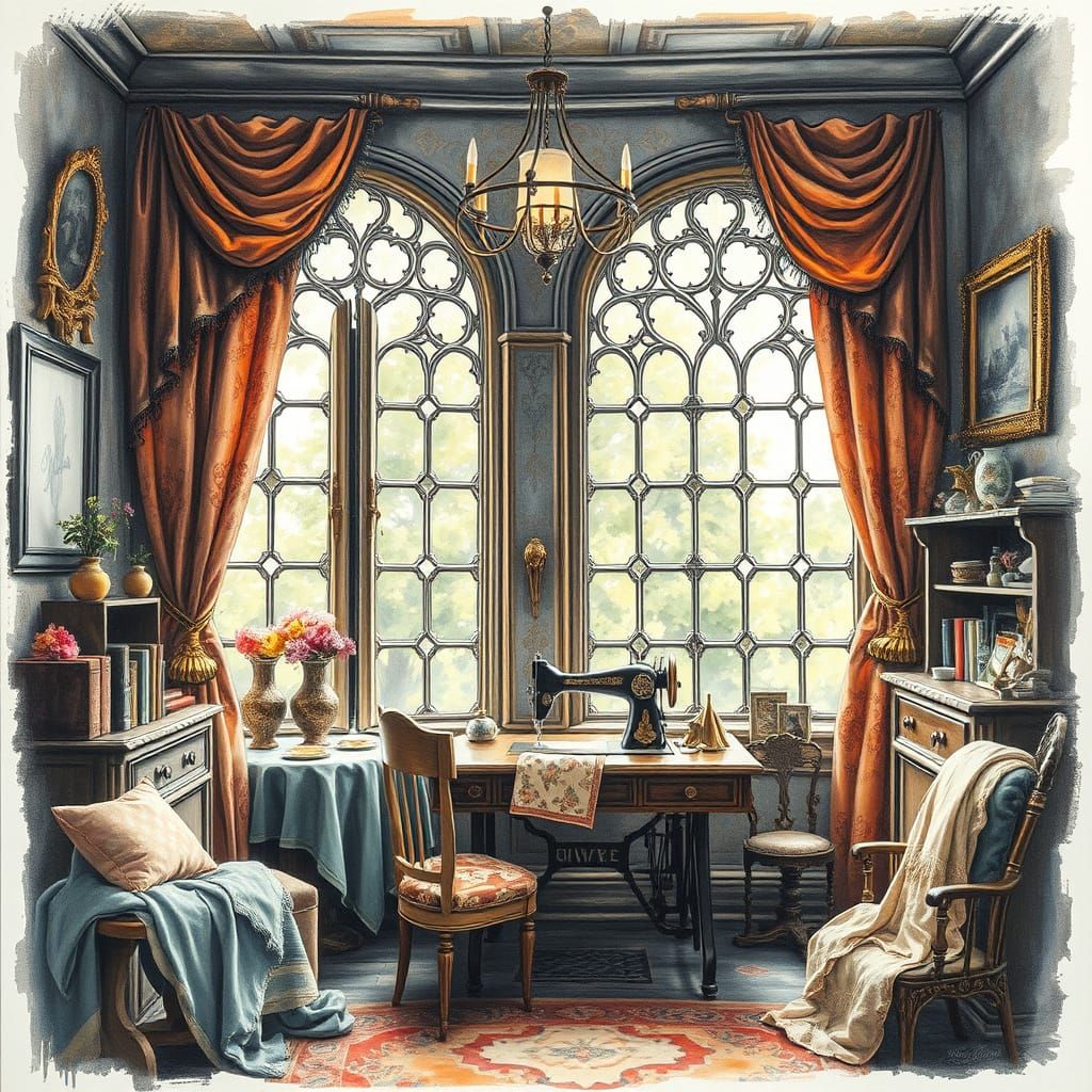 Ornate Sewing Room in Impressionistic Charcoal Gouache Style