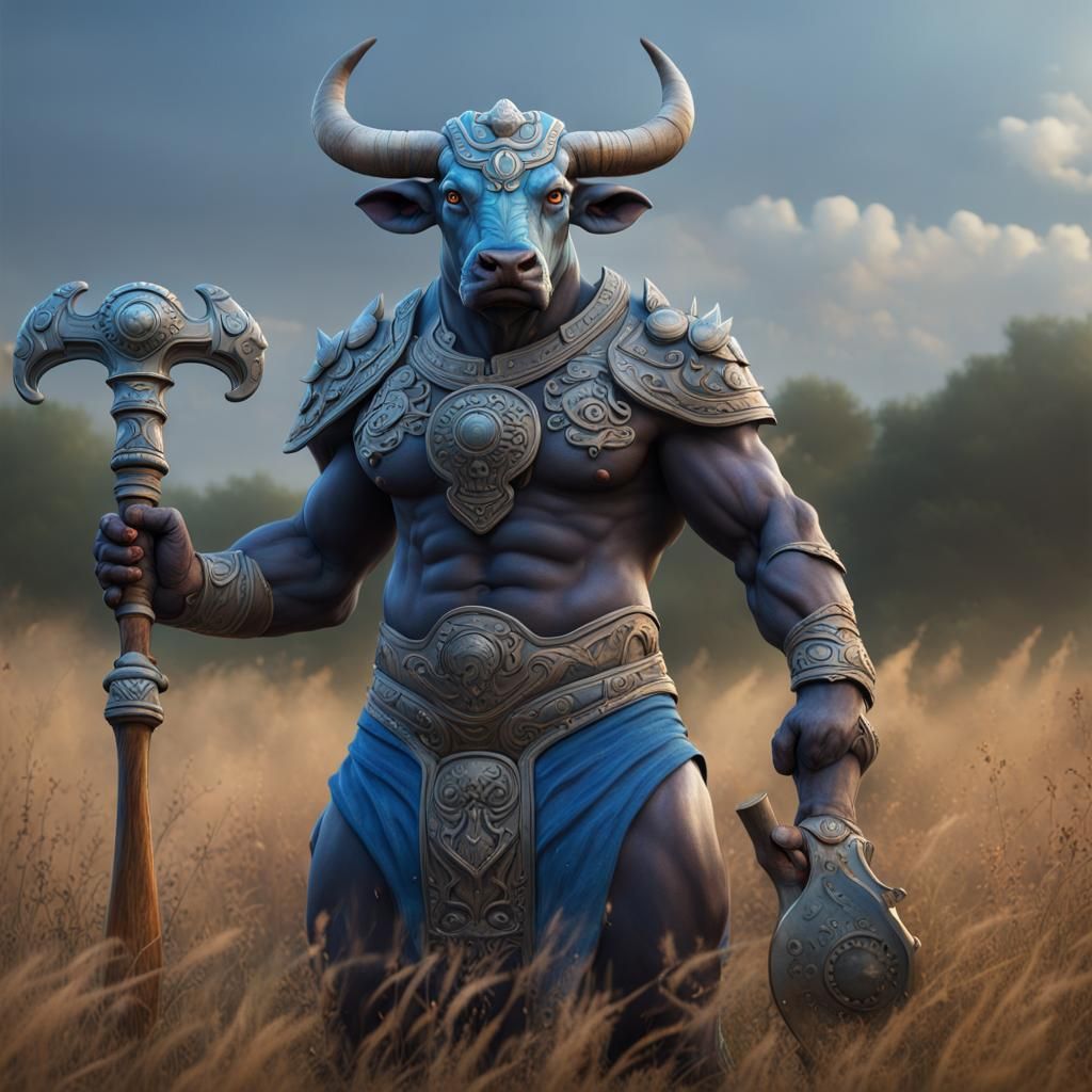 Hybrid Bull-Humanoid with Axe and Mace in Dark Fantasy
