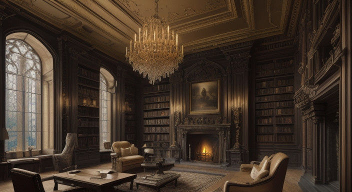 Gothic Castle Library in Warm, Golden Light