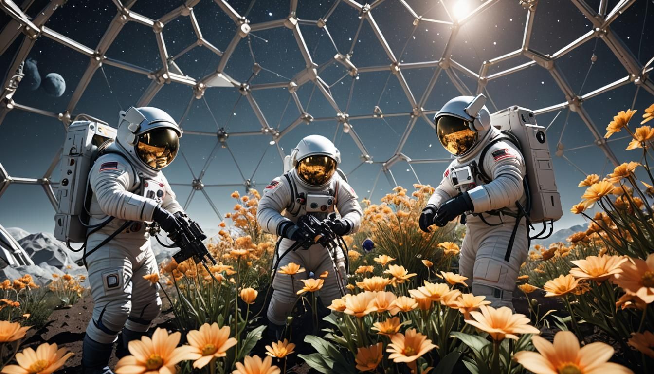 Astronauts Gardening in Lunar Geodesic Dome