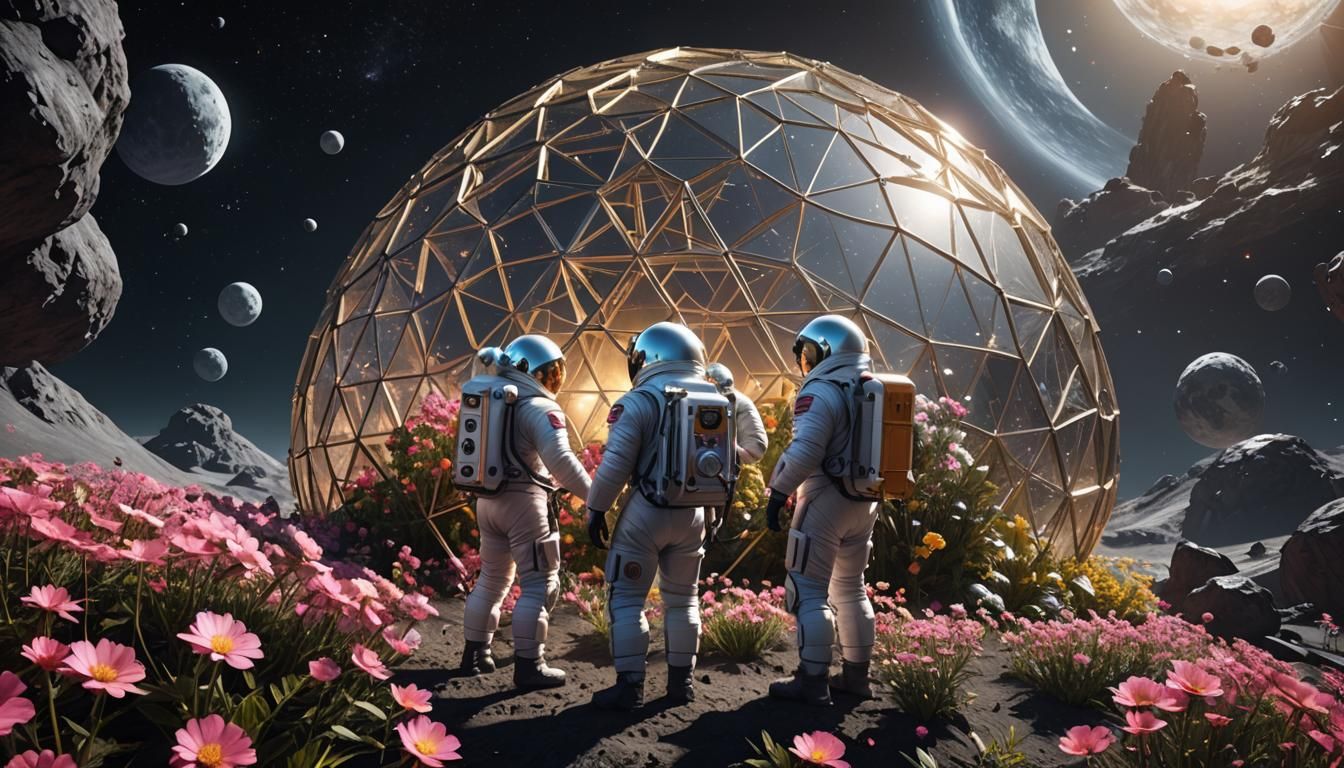 Astronauts Grow Flowers in Moon Dome: Hyperdetailed 3D Rende...