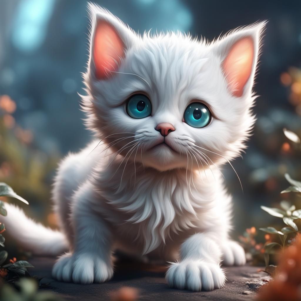 Cute White Kitten in Detailed Fantasy Painting