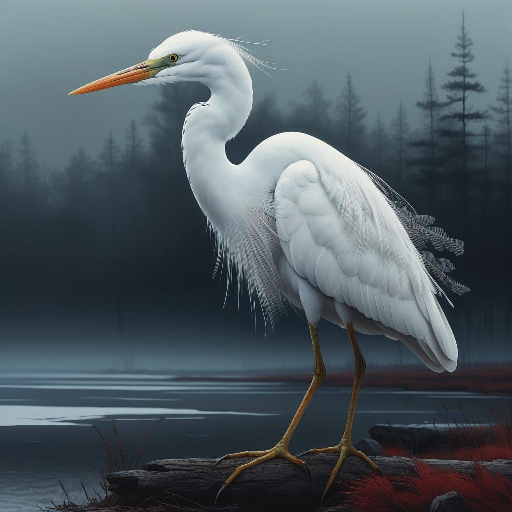 Majestic White Heron in Powerful, Otherworldly Pose