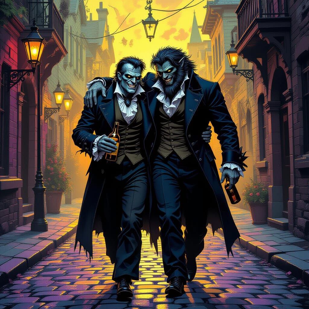 Drunk Frankenstein and Werewolf in Dark Fantasy Style