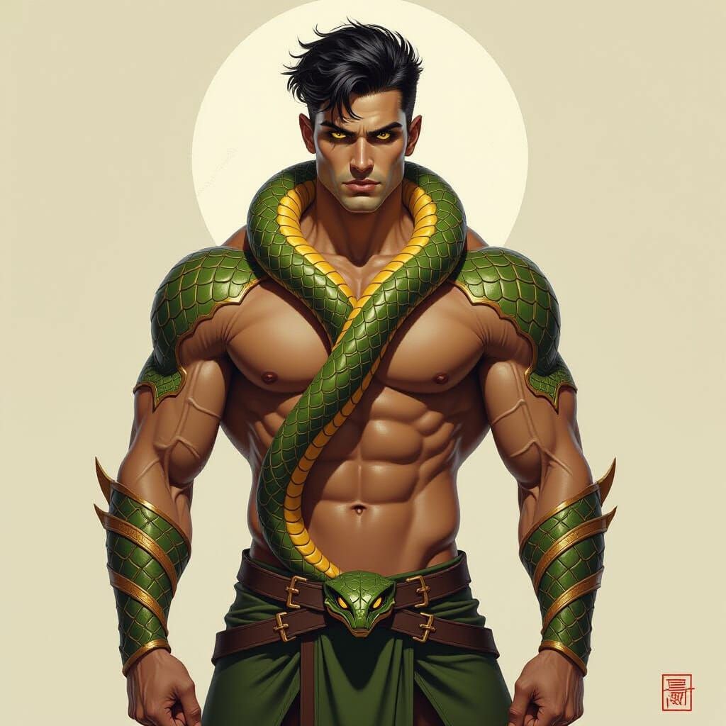 Muscular Naga with Gold Eyes in Fantasy Art Style
