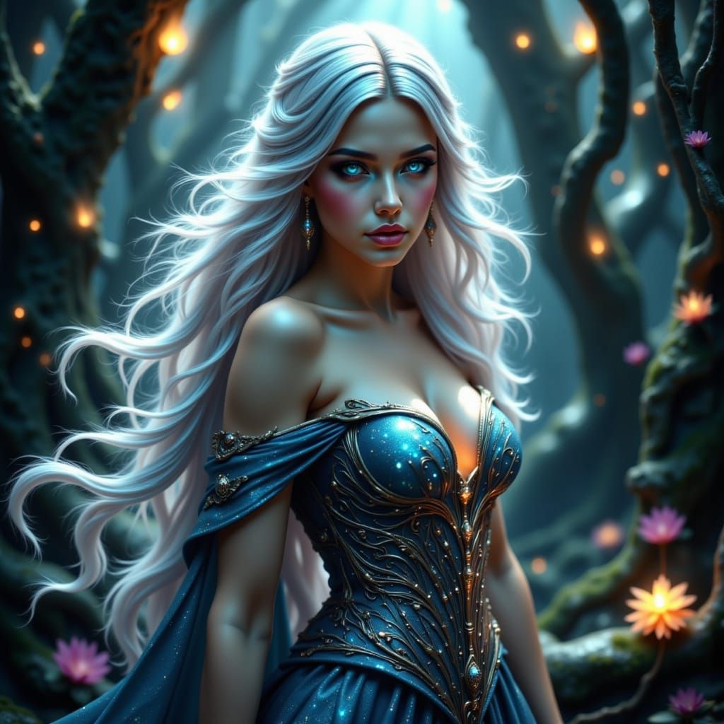 Ethereal Woman in Starlight Gown: Dark Fantasy Portrait