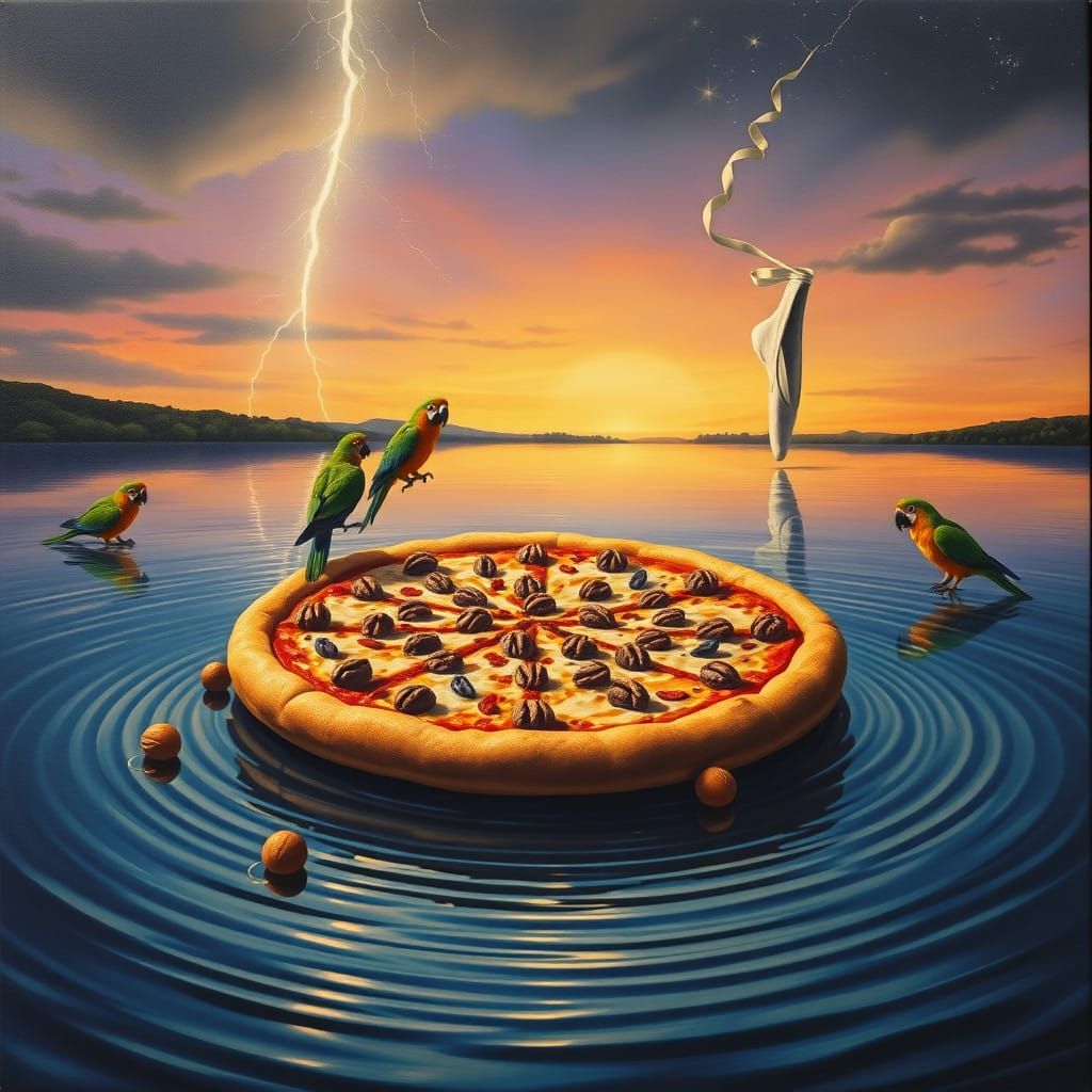 Surrealist Evening Scene with Grand Pizza and Melting Realit...