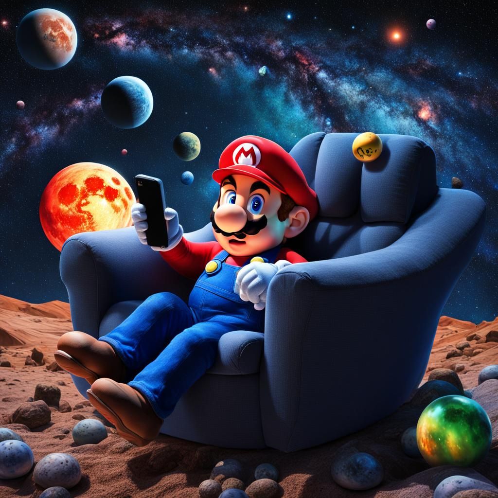 Hyperrealistic Super Mario Relaxing Under Starry Sky