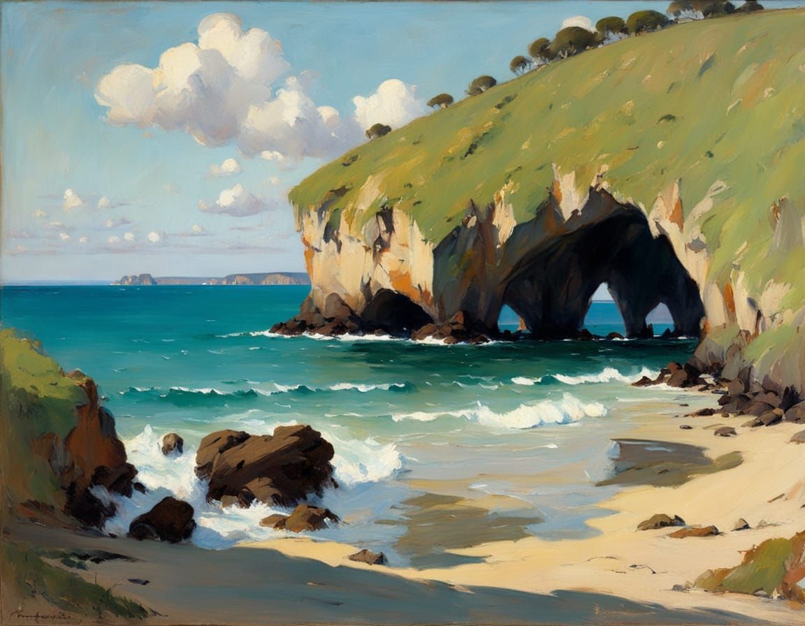 Coastal Cave Masterpiece in Impressionist Style