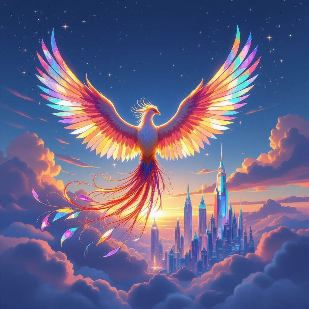 Majestic Stained Glass Phoenix Soars Over Crystal City