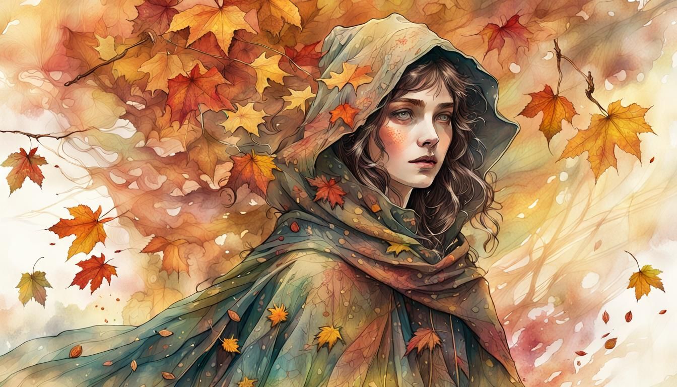 Ethereal Autumn Woman in Dreamy Forest Illustration