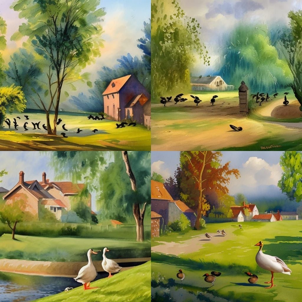 Impressionist Gouache Painting of Ducks Near House