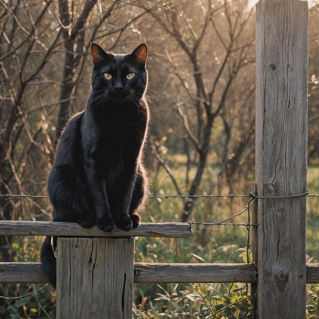 Black Cat Enjoying Afternoon Sun on Fence