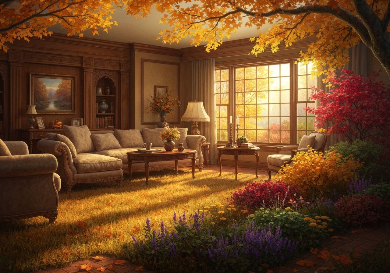 Warm Halloween Evening Living Room Blends with Autumn Garden