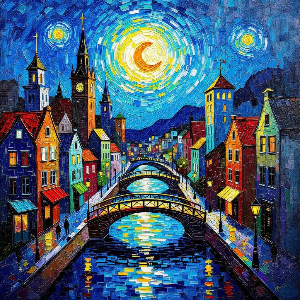 Spider Web Cityscape in Neo-Impressionist Oil Style