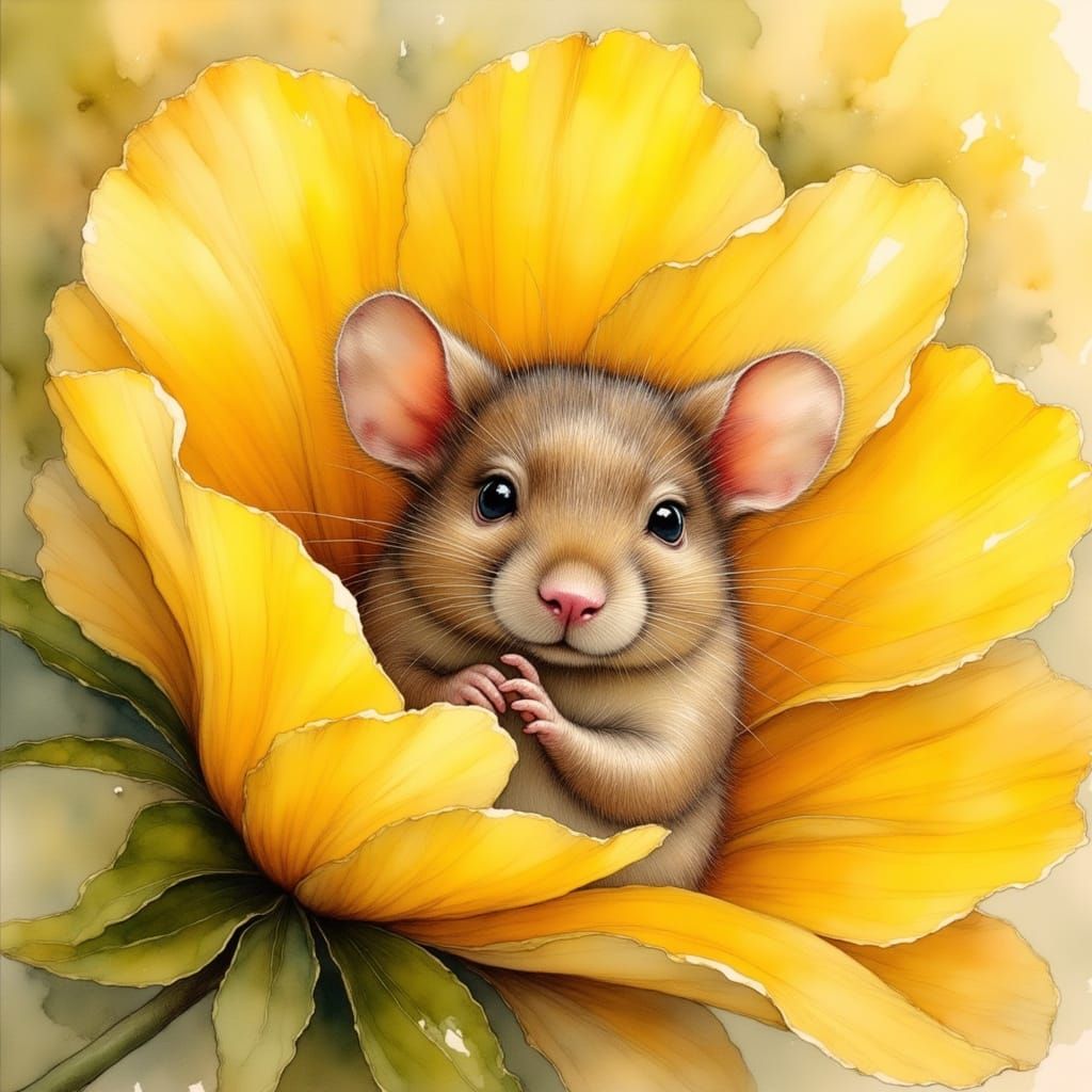 Mouse Hiding Behind Flower Petal in Ink Style