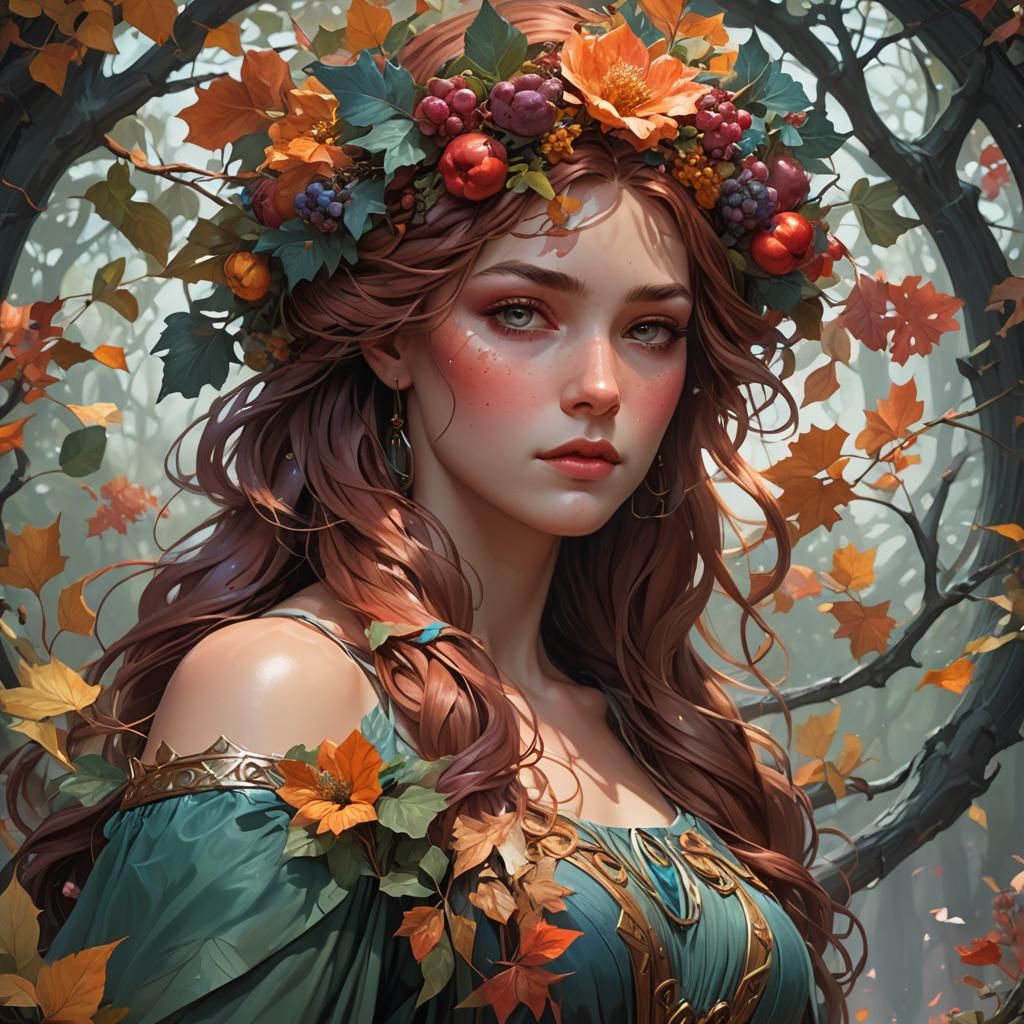 Persephone Portrait in Four Seasons, Art Nouveau Style